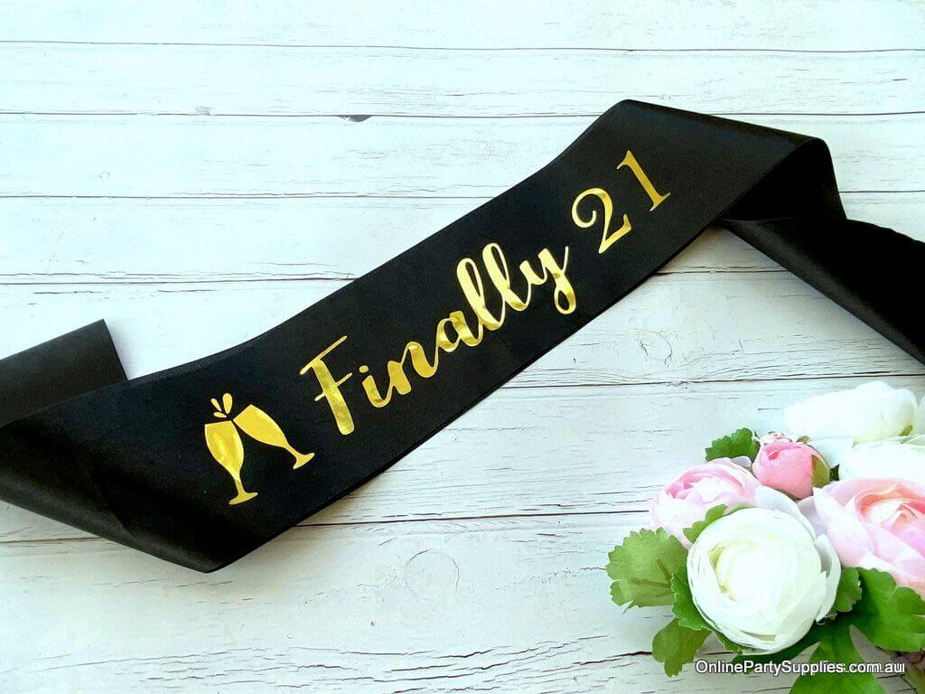 Online Party Supplies Australia Black 'Finally 21' Happy 21st Birthday Satin Sash