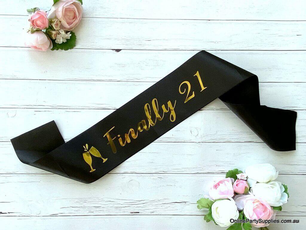 Online Party Supplies Australia Black 'Finally 21' Happy 21st Birthday Satin Sash