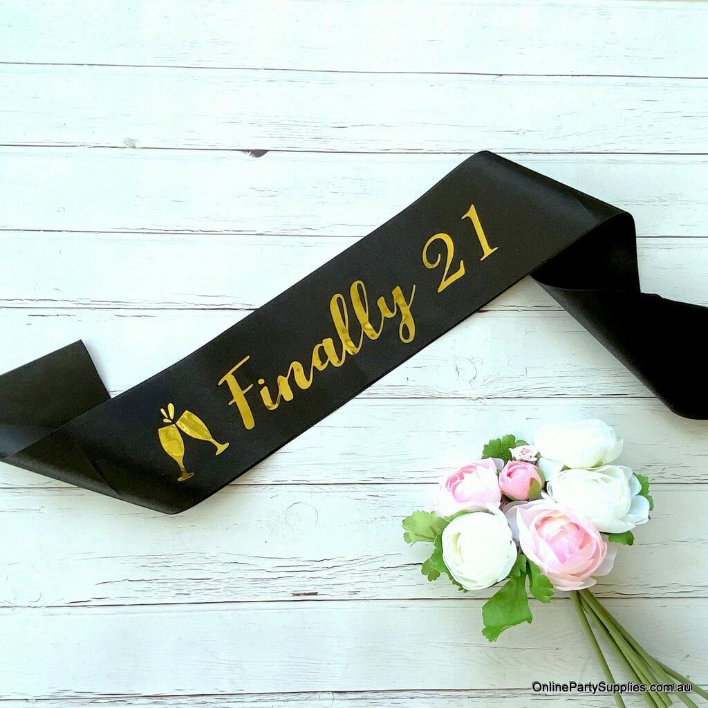 Online Party Supplies Australia Black 'Finally 21' Happy 21st Birthday Satin Sash