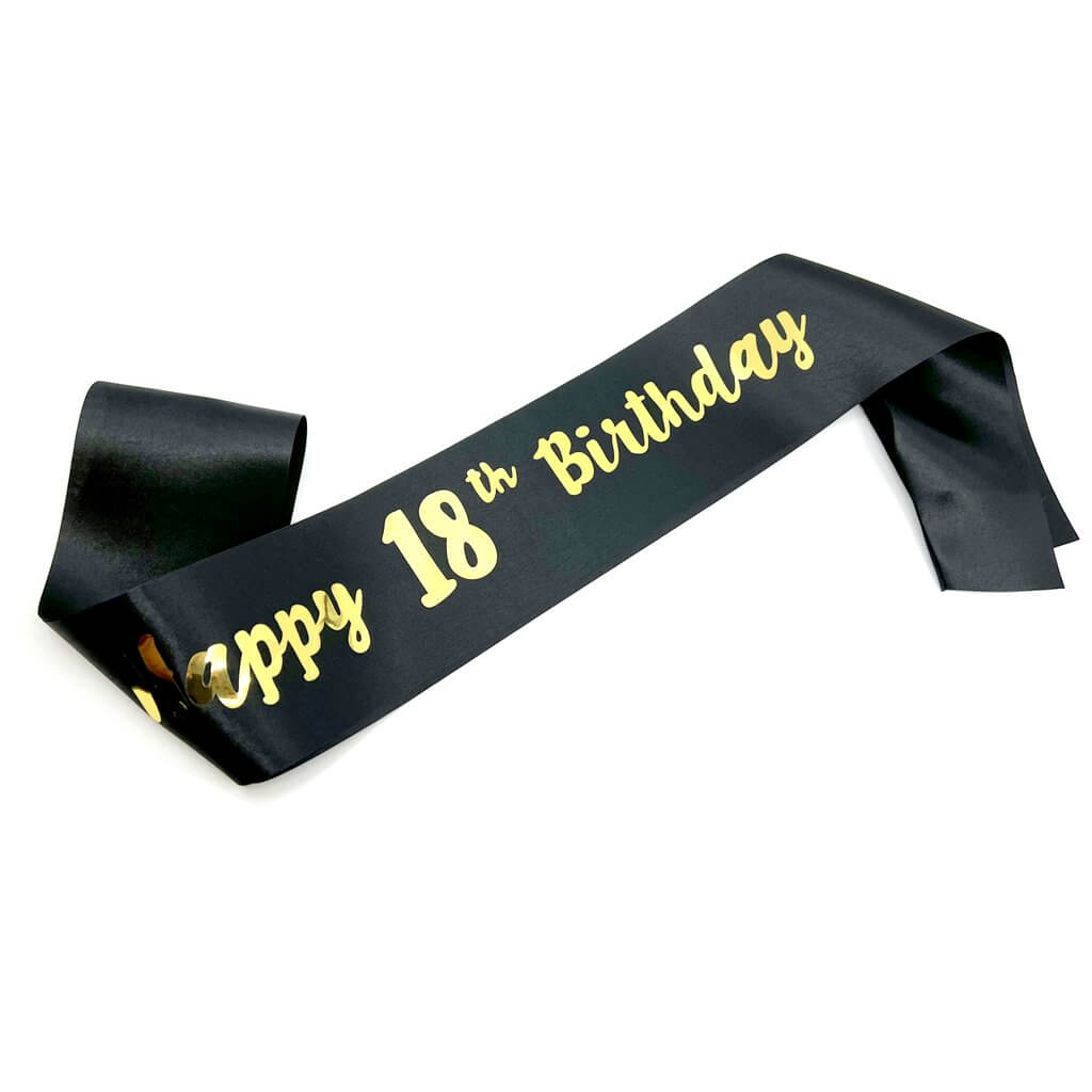 Black Happy 18th Birthday Party Satin Sash - Gold Foil Print - Q