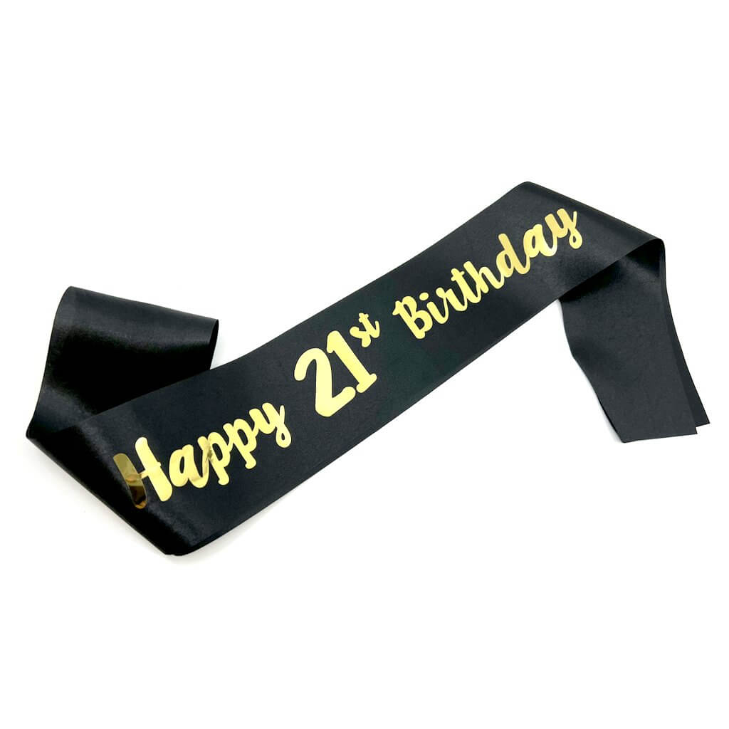 Black 'Happy 21st Birthday' Party Satin Sash - Q