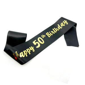 Black 'Happy 50th Birthday' Party Satin Sash - Q