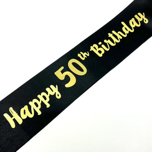 Black 'Happy 50th Birthday' Party Satin Sash - Q