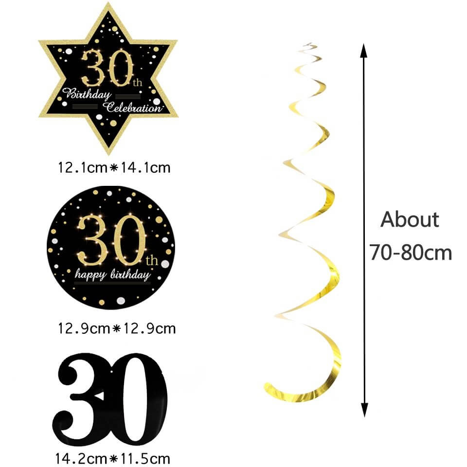 Black Gold Happy 30th Birthday Swirls Party Decorations