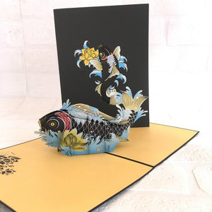Handmade Online Party Supplies Black Japanese Koi Fish Pop Up Good Luck Card