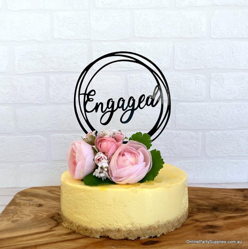 Black Acrylic 'Engaged' Geometric Round Cake Topper - Online Party Supplies