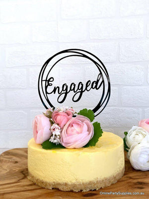 Black Acrylic 'Engaged' Geometric Round Cake Topper - Online Party Supplies