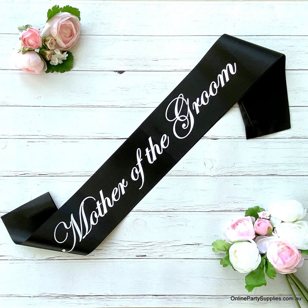 Online Party Supplies Australia black mother of the groom white writing satin sash
