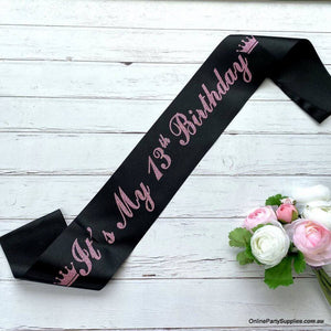 Black Pink Glitter Printed 'It's My 13th Birthday' Crown Satin Sash
