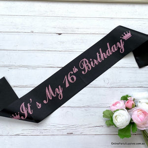 Black Pink Glitter Printed 'It's My 16th Birthday' Crown Satin Sash