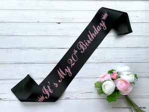 Black Pink Glitter Printed 'It's My 20th Birthday' Crown Satin Sash