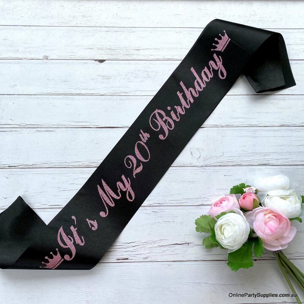 Black Pink Glitter Printed 'It's My 20th Birthday' Crown Satin Sash