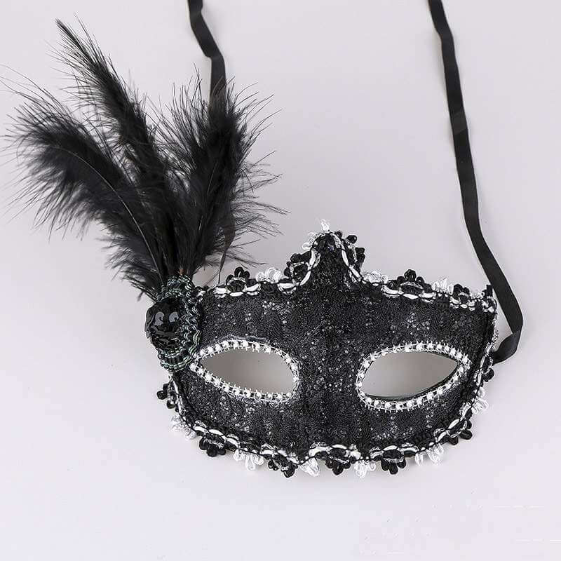 Glitter Lace Tall Feather Black Masquerade Mask