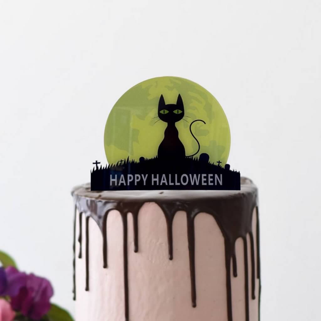 Acrylic Black &  Yellow Happy Halloween Cat & Full Moon Cake Topper