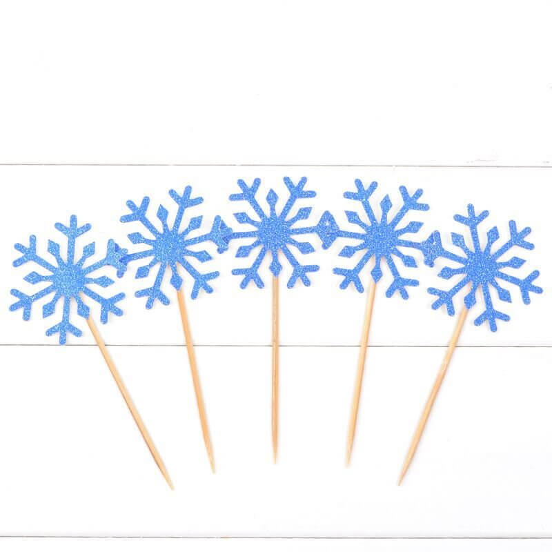 Blue Glitter Snowflake Paper Cupcake Topper 10 Pack