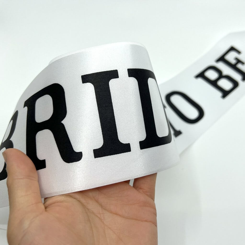 White BRIDE TO BE Satin White Sash with Black Print