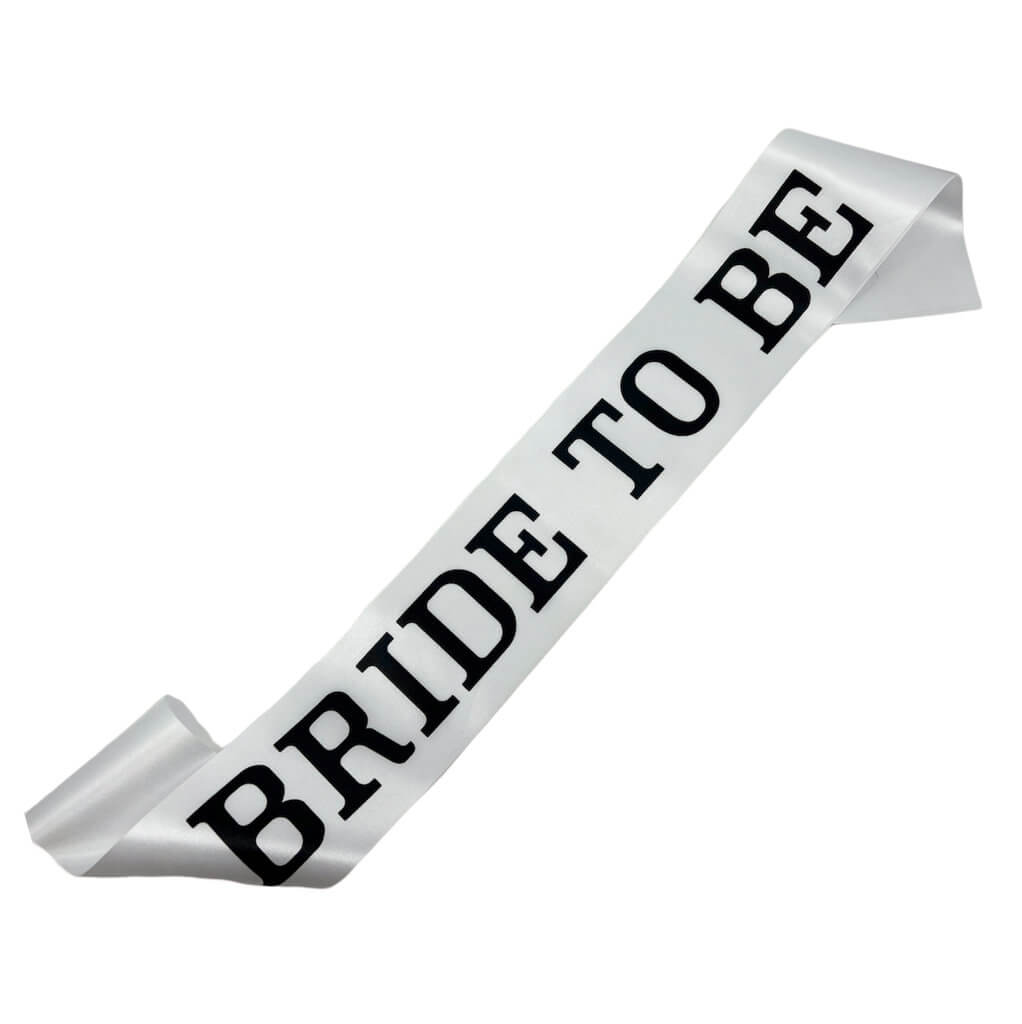 White BRIDE TO BE Satin White Sash with Black Print