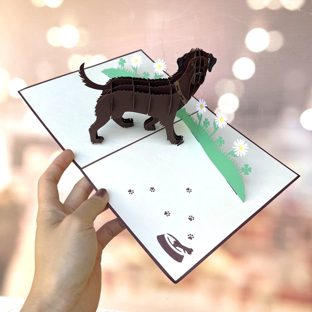Handmade Dark Brown Labrador Dog in Daisy Garden 3D Pop Up Card