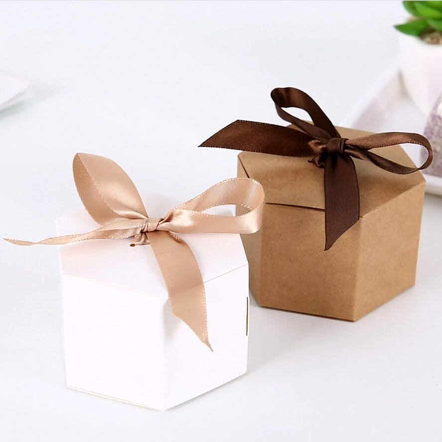 Hexagon Gift Boxes with Brown Ribbons 10pk