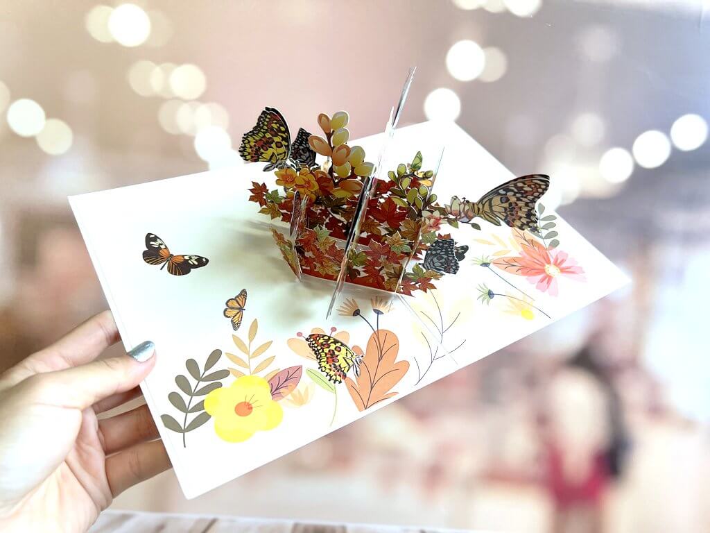 Butterflies Resting on Autumn Maple Leaf & Flower Garden Pop Up Card