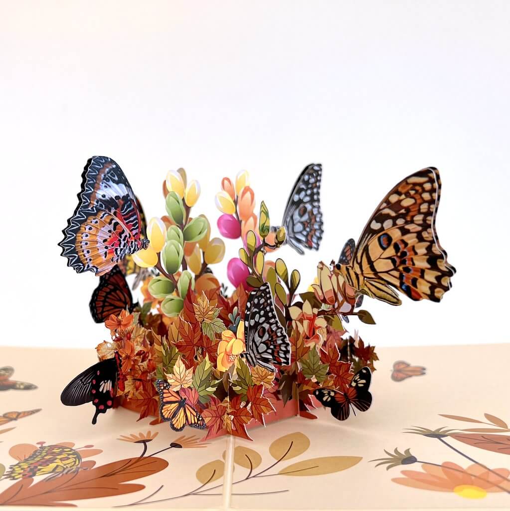 Butterflies Resting on Autumn Maple Leaf & Flower Garden Pop Up Card