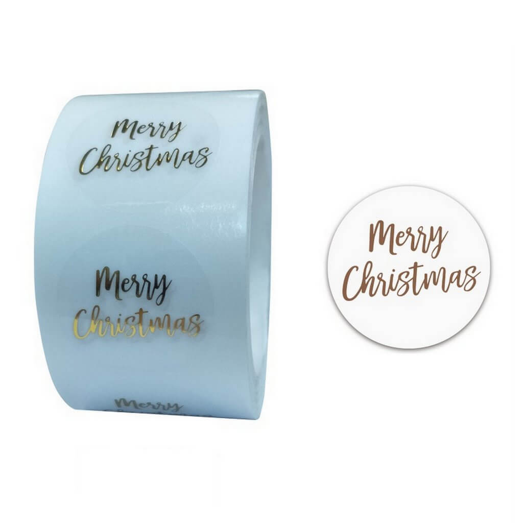 Round Gold Foil Clear Merry Christmas Stickers - Christmas Gift Packing and Wrapping Supplies