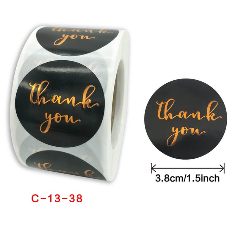 3.8cm Round Black Thank You Rose Gold Print Sticker 50 Pack - C13-38