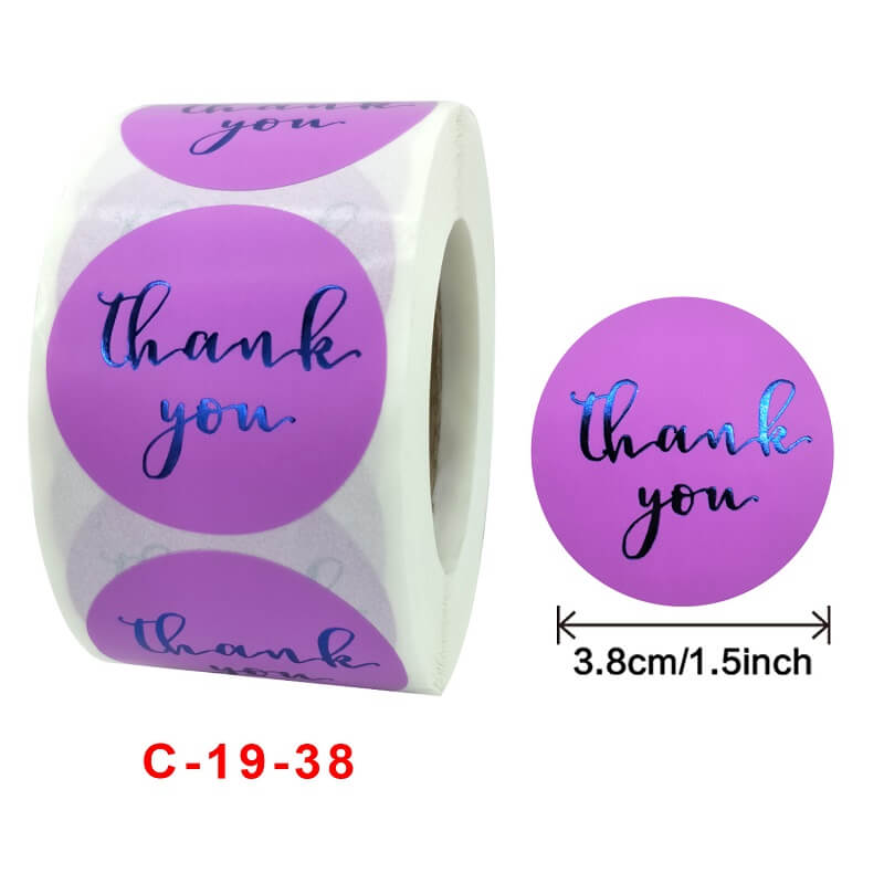 3.8cm Round Purple Thank You Blue Print Sticker 50 Pack