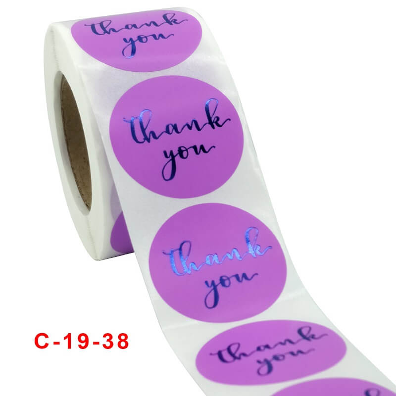 3.8cm Round Purple Thank You Blue Print Sticker 50 Pack