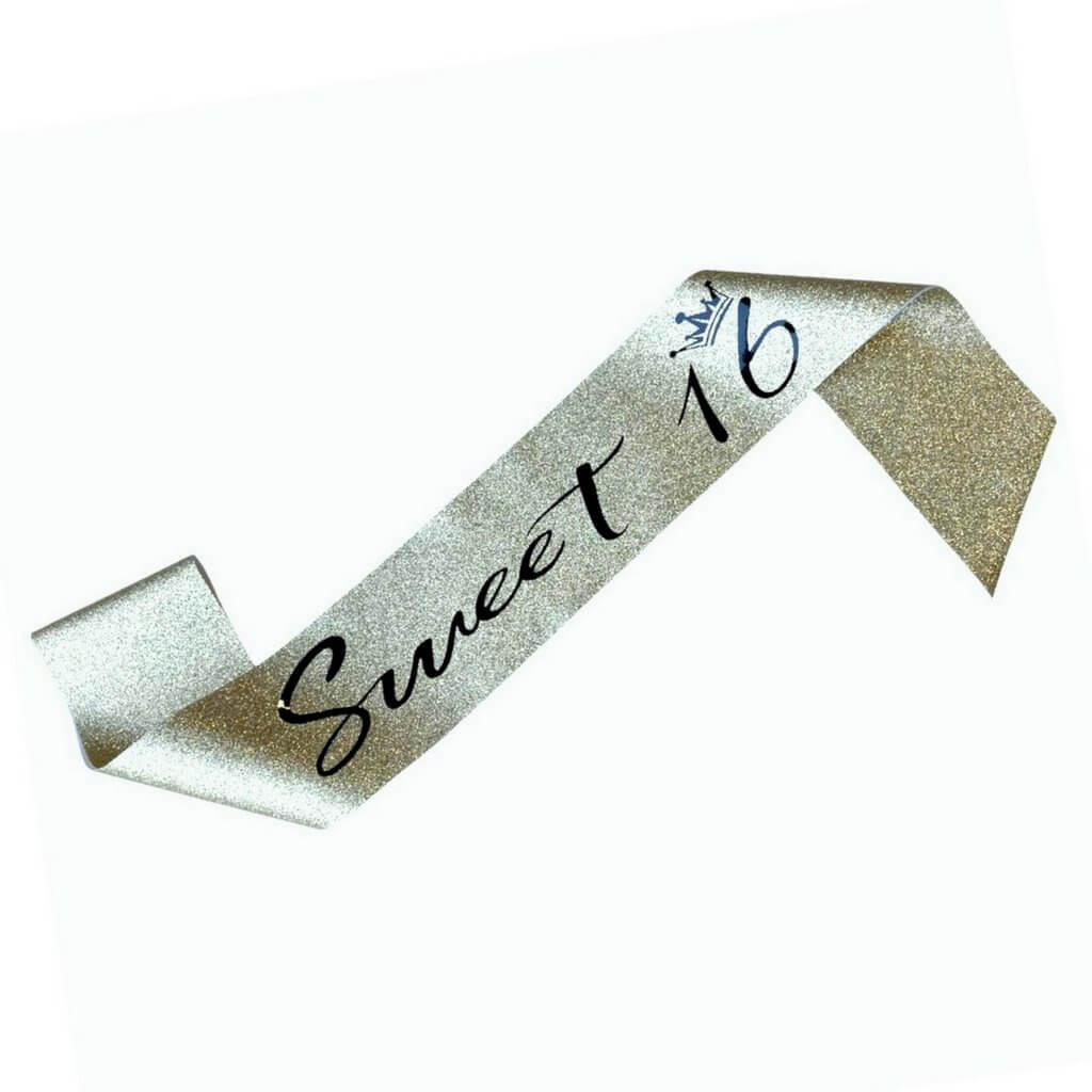 Gold Glitter Sweet 16 with Little Crown Party Sash