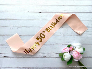 Champagne Pink Gold Printed 'Happy 50th Birthday' Satin Sash