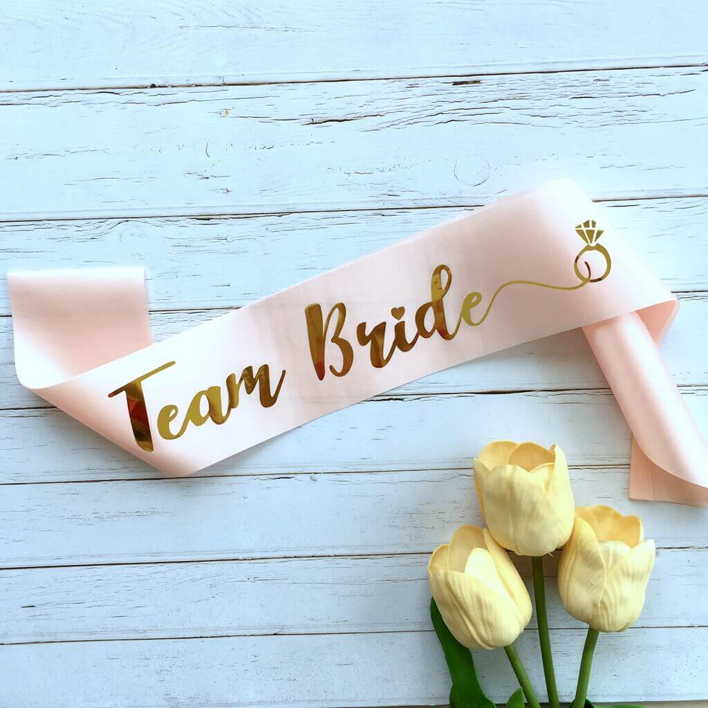 Pack of 7 Champagne Pink ‘Bride To Be’ and ‘Team Bride’ Sashes – Gold Foil with Diamond Ring