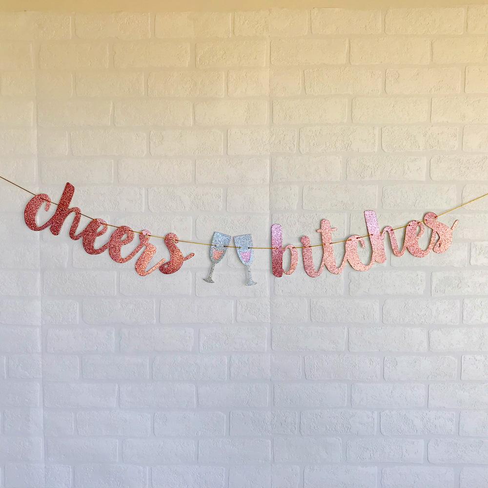 CHEERS BITCHES Rose Gold Glitter Bachelorette Party Banner - Online Party Supplies