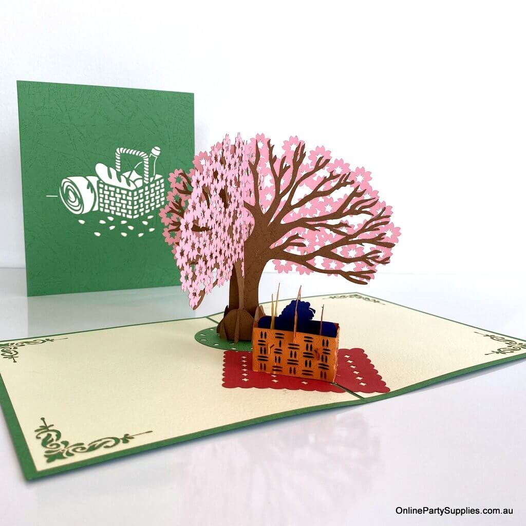 Handmade Cherry Blossom Tree with a Picnic Basket Pop Up Greeting Card
