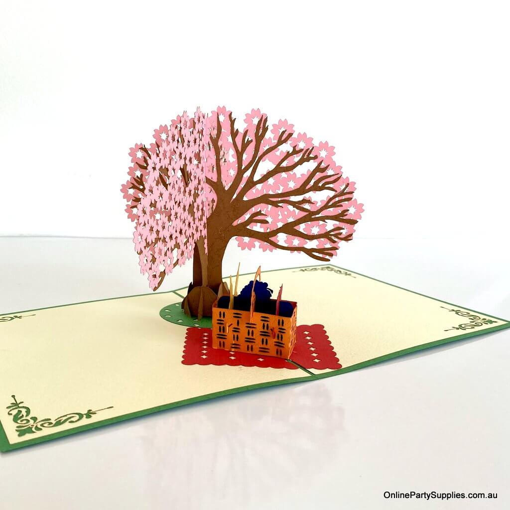 Handmade Cherry Blossom Tree with a Picnic Basket Pop Up Greeting Card