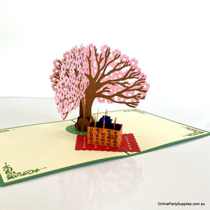 Handmade Cherry Blossom Tree with a Picnic Basket Pop Up Greeting Card