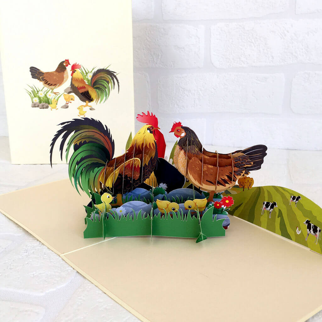 Handmade Online Party Supplies Colourful Chicken Family On A Farm 3D Pop Up Greeting Card