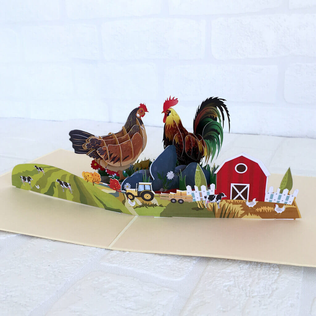 Handmade Online Party Supplies Colourful Chicken Family On A Farm 3D Pop Up Christmas Card
