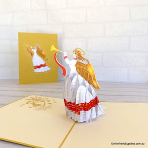 Online Party Supplies Australia Handmade Christmas Angel Blowing Trumpet Pop Up Xmas Card - Gold CoverOnline Party Supplies Australia Handmade Christmas Angel Blowing Trumpet Pop Up Xmas Card - Gold Cover