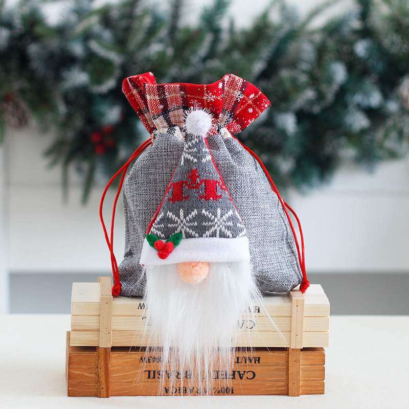 Faceless Nordic Gnome Christmas Treat Fabric Bag with Drawstring