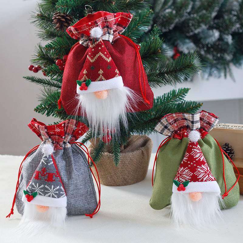 Faceless Nordic Gnome Christmas Treat Fabric Bag with Drawstring