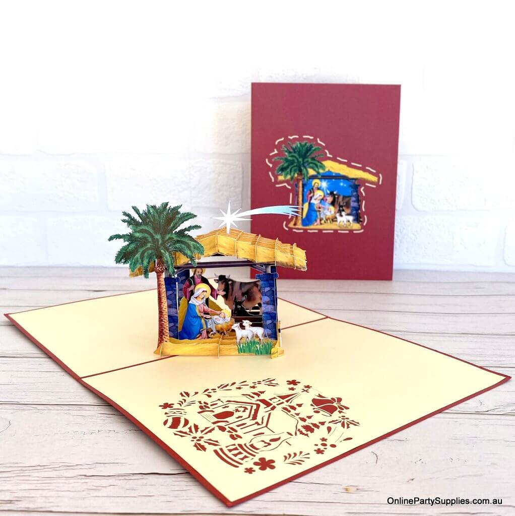 Online Party Supplies Australia Christmas Nativity Scripture 3D Pop Up Greeting Card - Red Cover