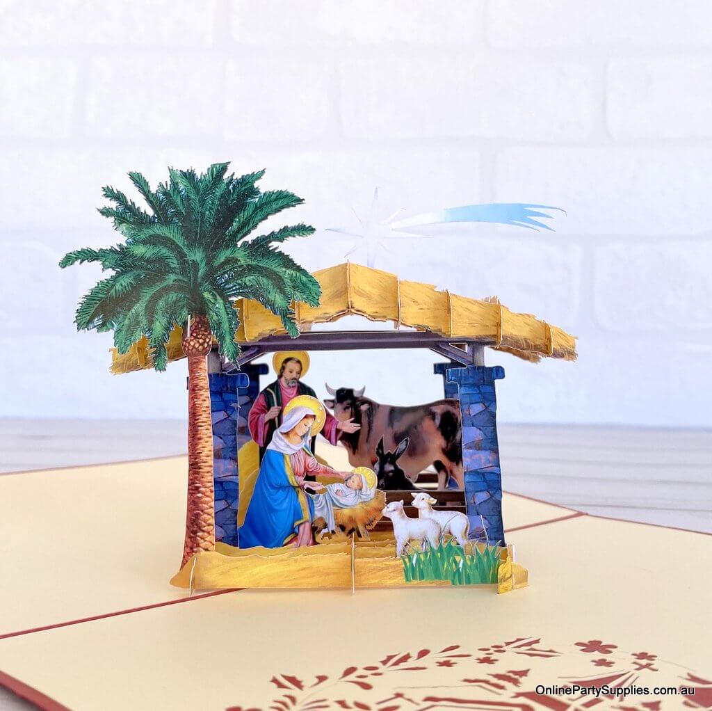 Online Party Supplies Australia Christmas Nativity Scripture 3D Pop Up Greeting Card - Red Cover