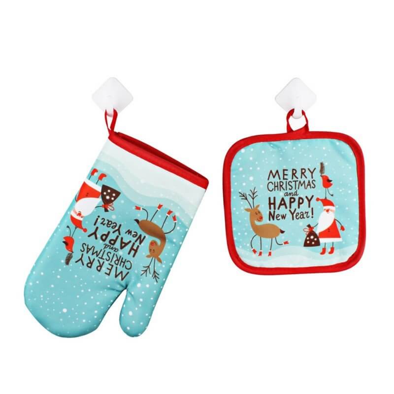 green Merry Christmas and Happy New Year Oven Mitt & Pot Holder Set