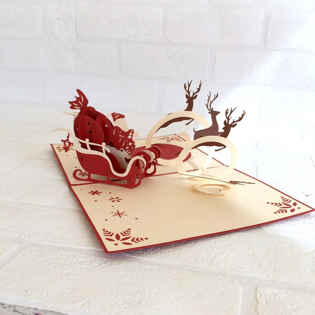 Handmade Santa On Sleigh Reindeer Pop Up Card - Pop Up Christmas Cards