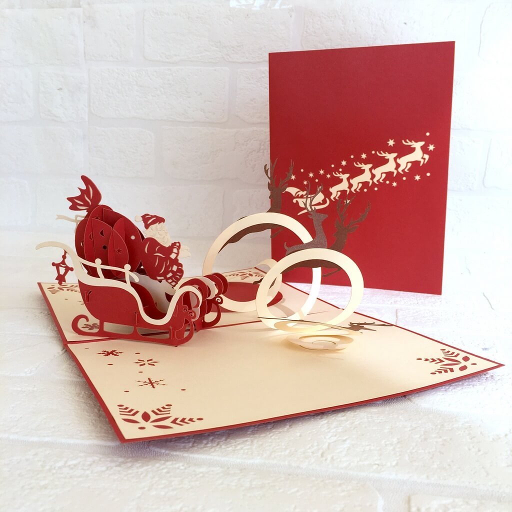 Handmade Santa On Sleigh Reindeer Pop Up Card