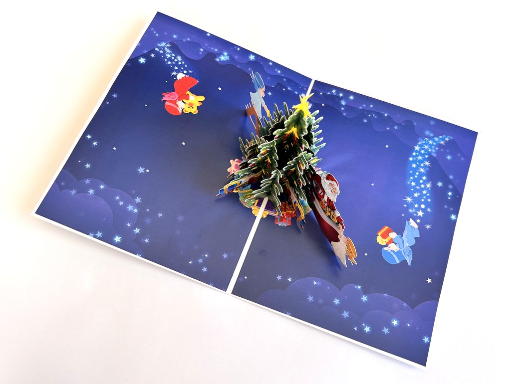 Handmade Santa & Baby Angels Decorating Xmas Tree Pop Up Christmas Card