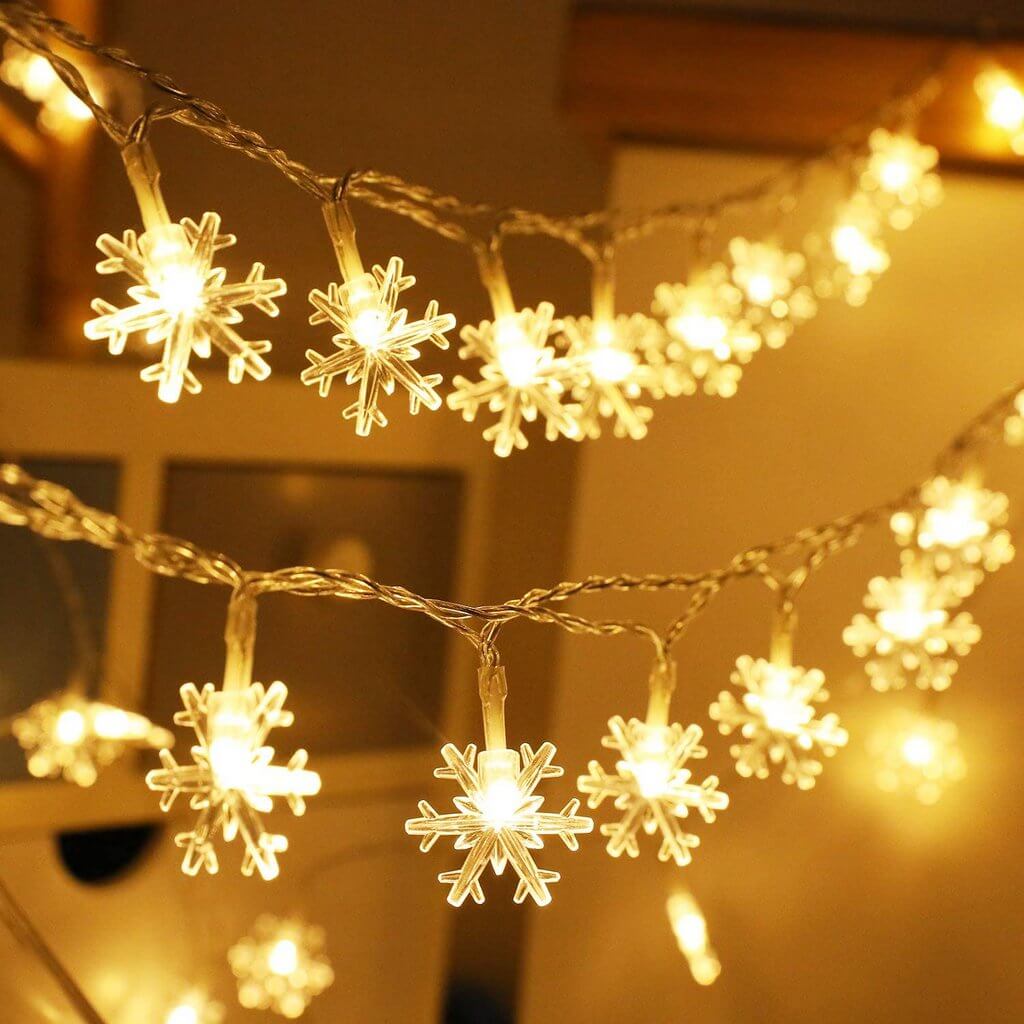 Christmas Snowflake Fairy String Lights - Warm White, Battery Operated