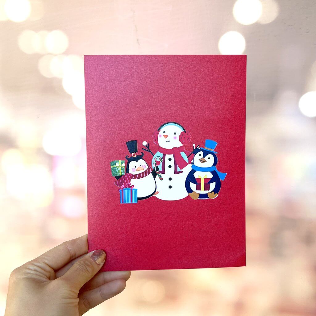 Handmade Christmas Snowman and Penguins 3D Pop Up Greeting Card