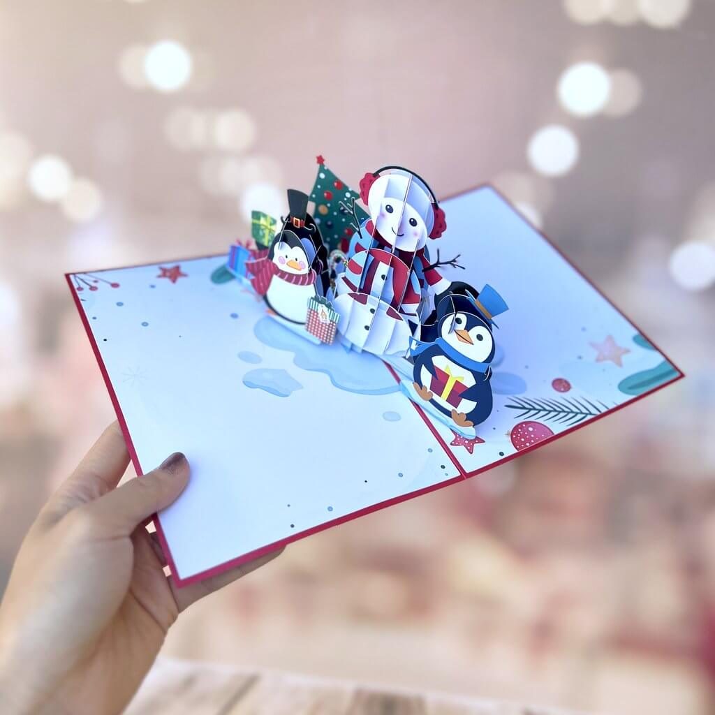 Handmade Christmas Snowman and Penguins 3D Pop Up Greeting Card